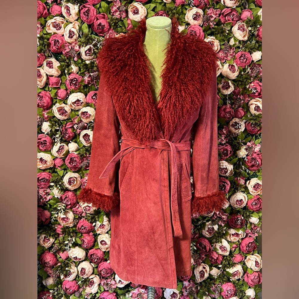 Vintage Red Penny Lane Coat with Mongolian lamb trim size M